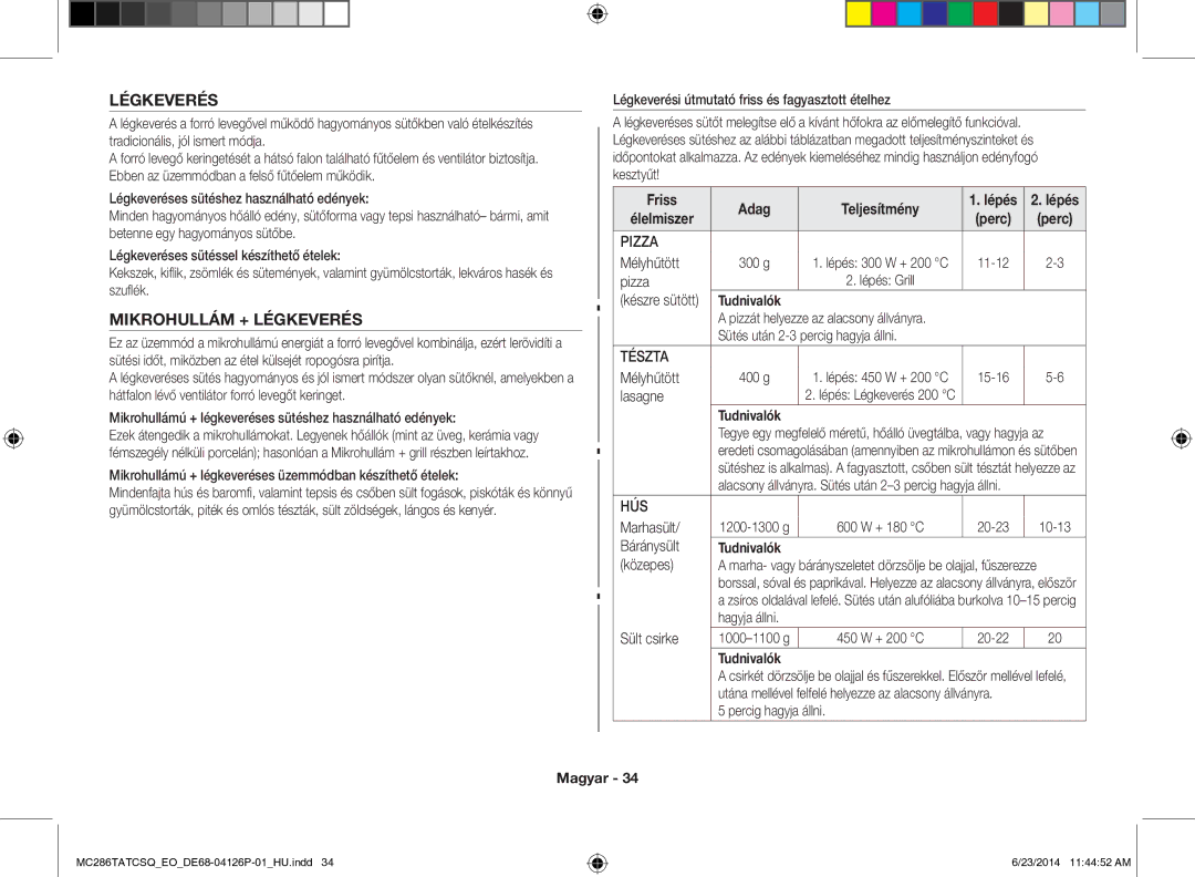 Samsung MC286TATCSQ/EO manual Mikrohullám + Légkeverés, Friss Adag Teljesítmény, Élelmiszer 