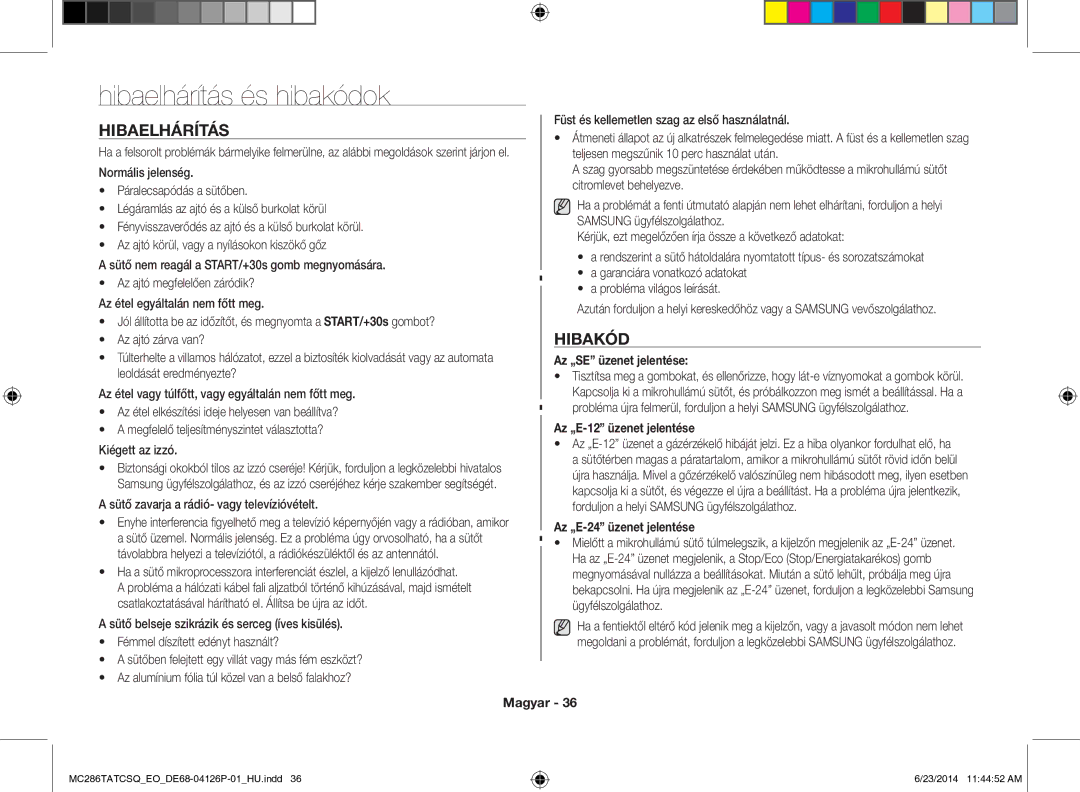 Samsung MC286TATCSQ/EO manual Hibaelhárítás és hibakódok, Hibakód 