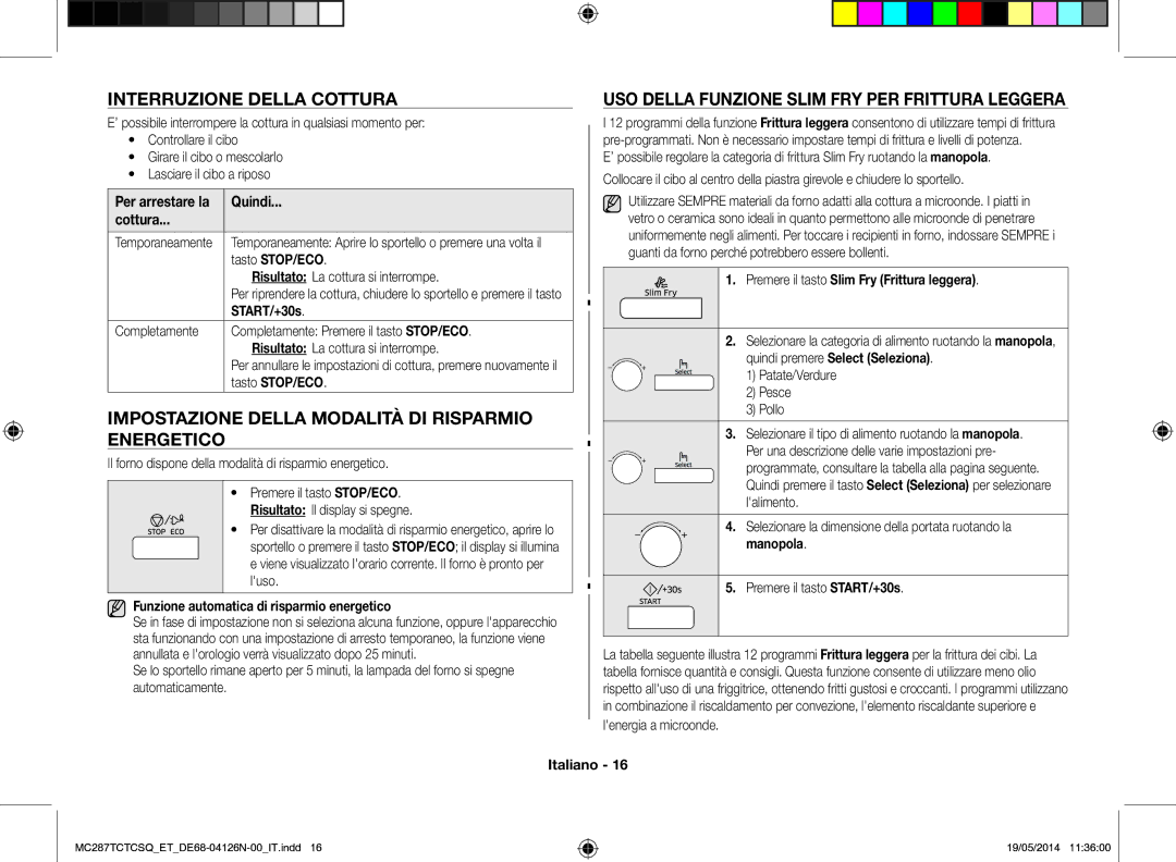 Samsung MC287TCTCSQ/ET manual Interruzione della cottura, Impostazione della modalità di risparmio energetico 