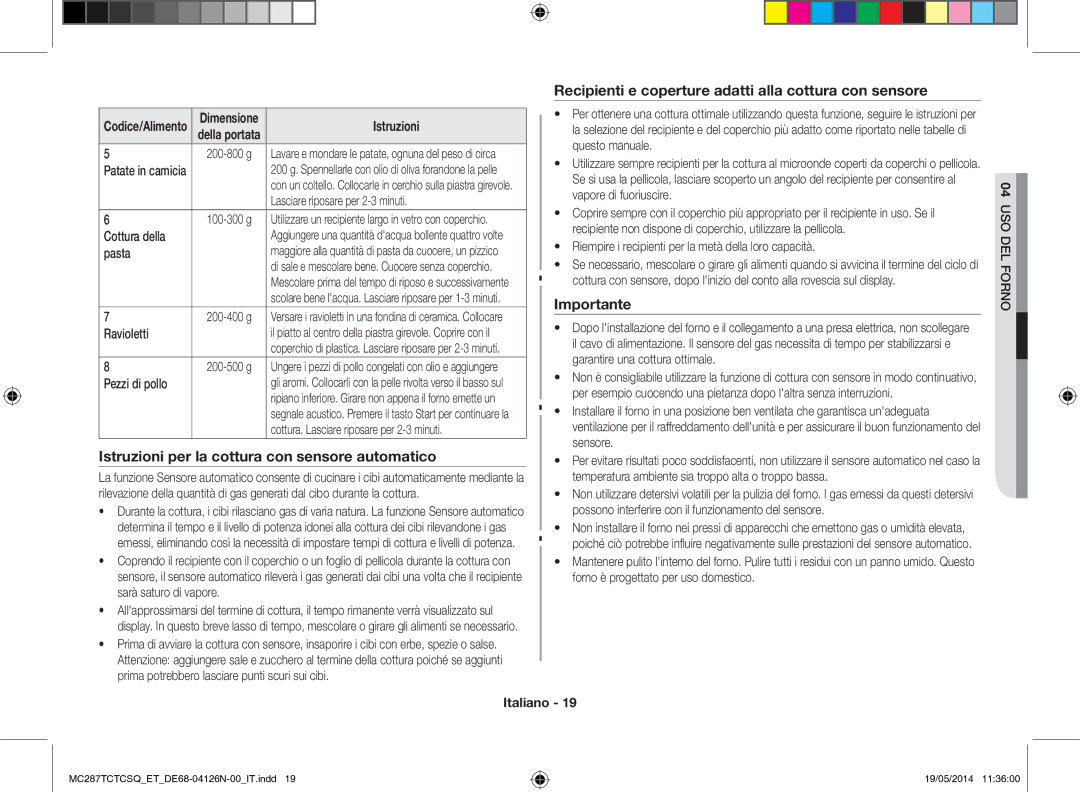 Samsung MC287TCTCSQ/ET manual Patate in camicia, Lasciare riposare per 2-3 minuti, Cottura della, Pasta, Ravioletti 