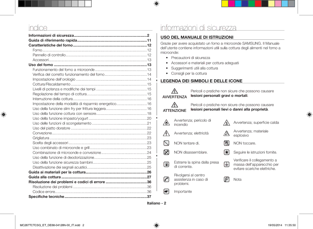 Samsung MC287TCTCSQ/ET manual Informazioni di sicurezza, Forno Pannello di controllo Accessori, Italiano 