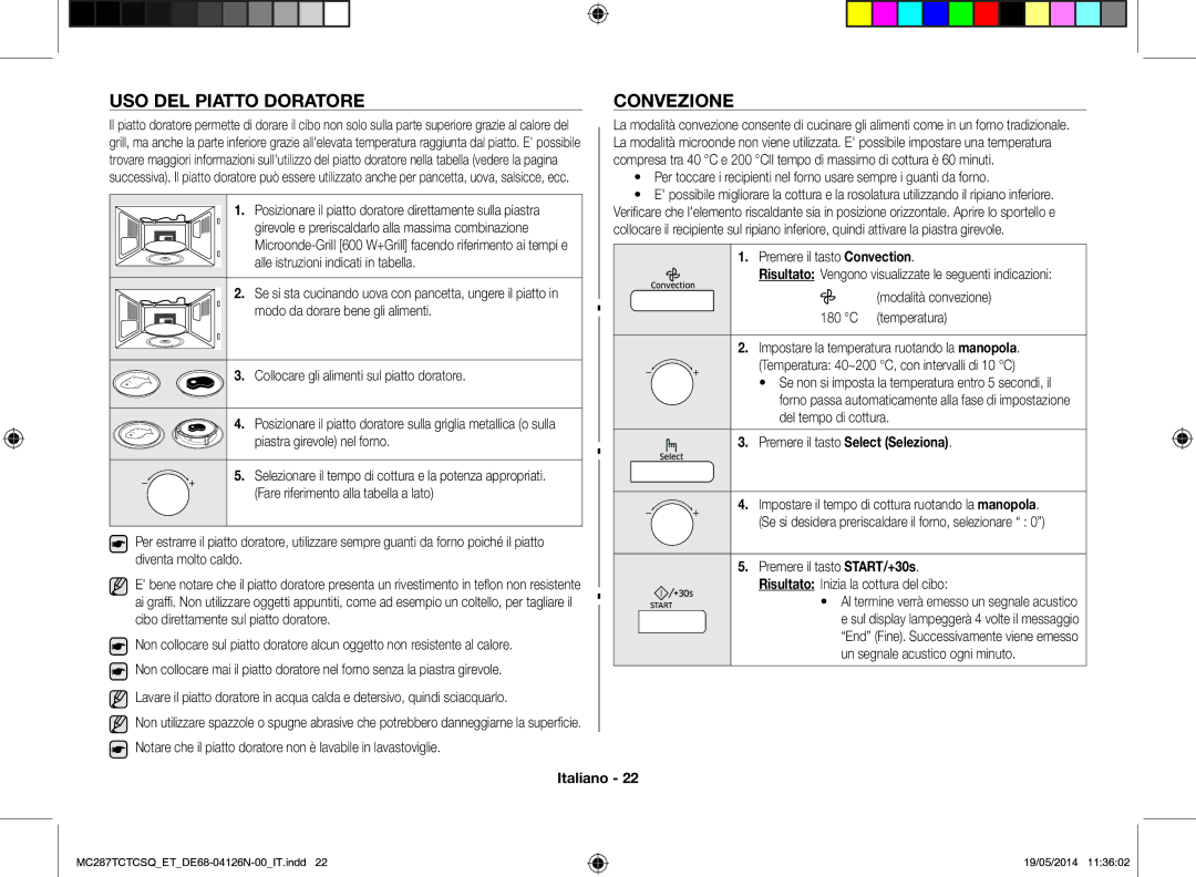 Samsung MC287TCTCSQ/ET manual Uso del piatto doratore, Convezione, Premere il tasto Select Seleziona 