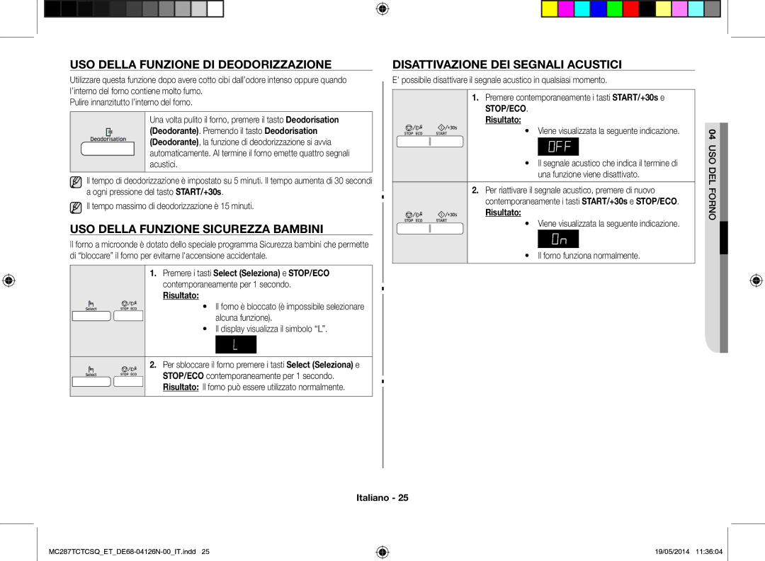 Samsung MC287TCTCSQ/ET manual Uso della funzione di deodorizzazione, Uso della funzione sicurezza bambini 