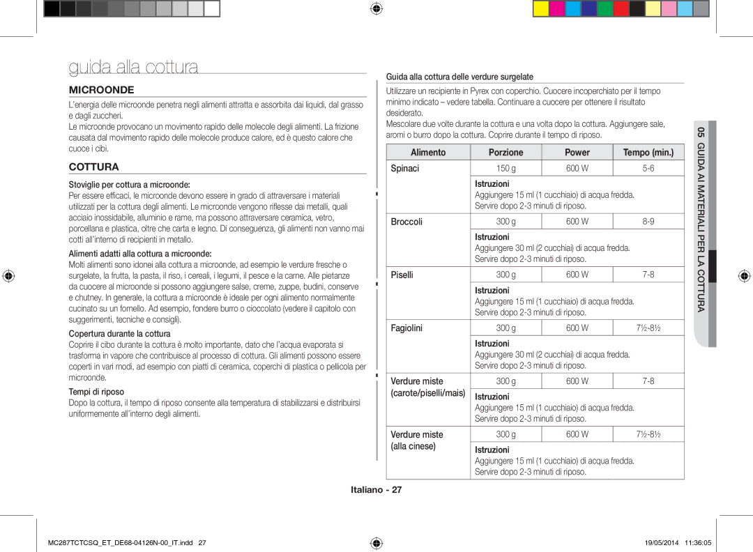 Samsung MC287TCTCSQ/ET manual Guida alla cottura, Microonde, Cottura, Alimento Porzione 