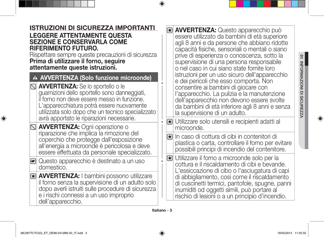 Samsung MC287TCTCSQ/ET manual Istruzioni di sicurezza importanti, 01informazioni di sicurezza 