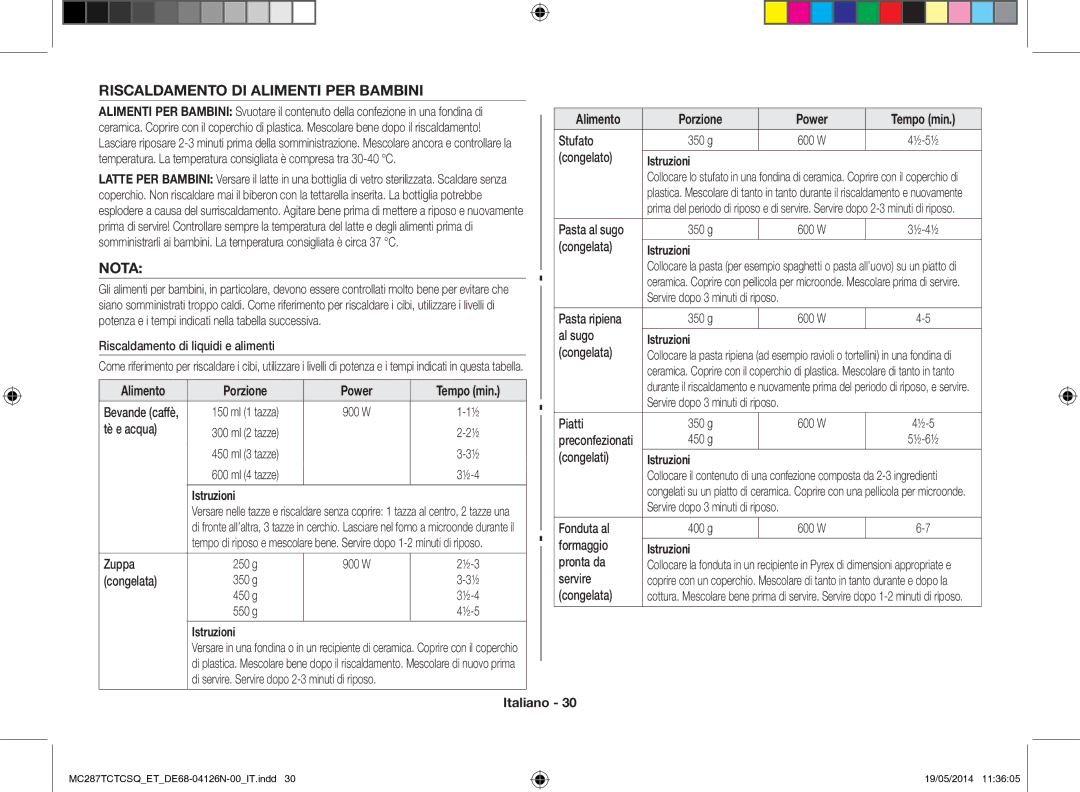 Samsung MC287TCTCSQ/ET manual Riscaldamento DI Alimenti PER Bambini, Nota 