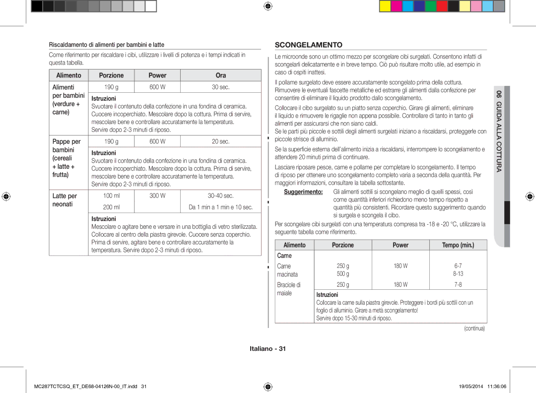 Samsung MC287TCTCSQ/ET manual Scongelamento, Alimento Porzione Power Ora 