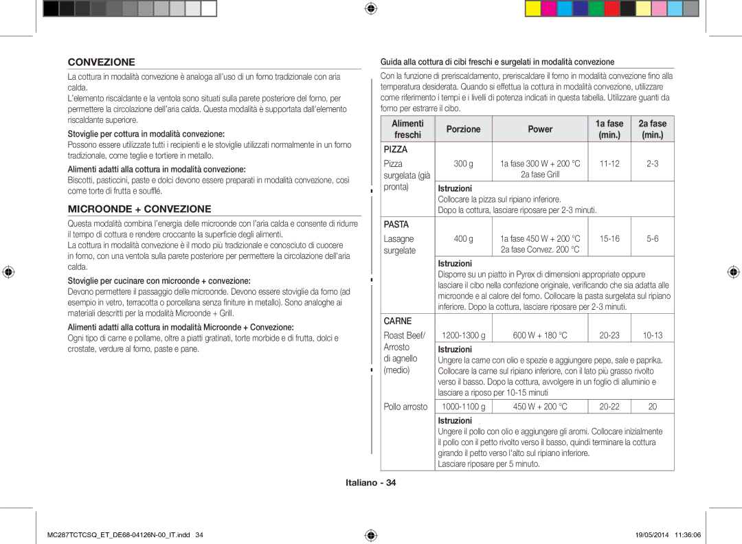 Samsung MC287TCTCSQ/ET manual Microonde + Convezione, Alimenti 