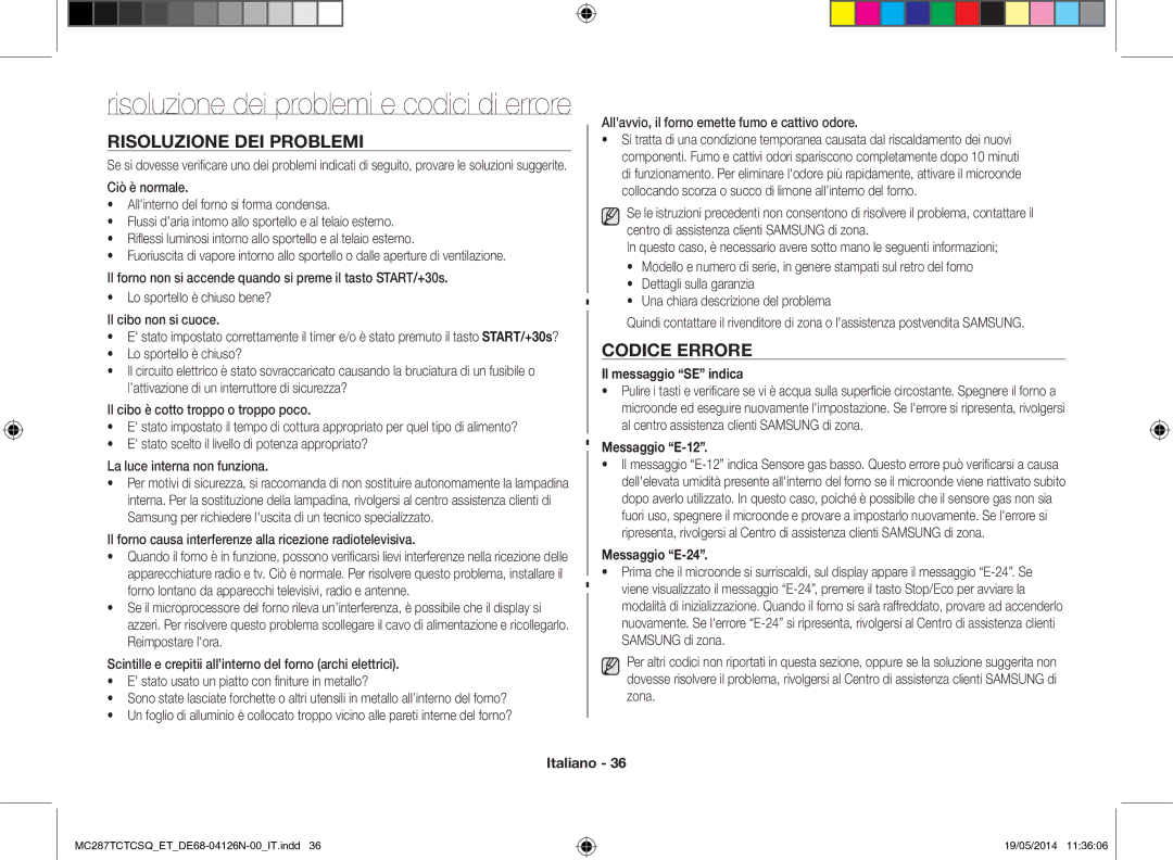 Samsung MC287TCTCSQ/ET Risoluzione dei problemi, Codice errore, Il messaggio SE indica, Messaggio E-12, Messaggio E-24 