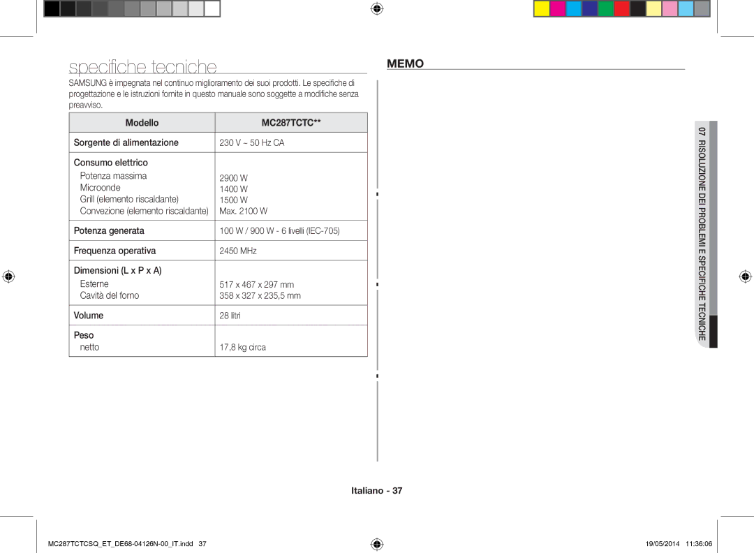 Samsung MC287TCTCSQ/ET manual Modello, Max W 