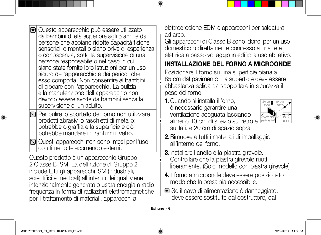 Samsung MC287TCTCSQ/ET manual Installazione del forno a microonde 