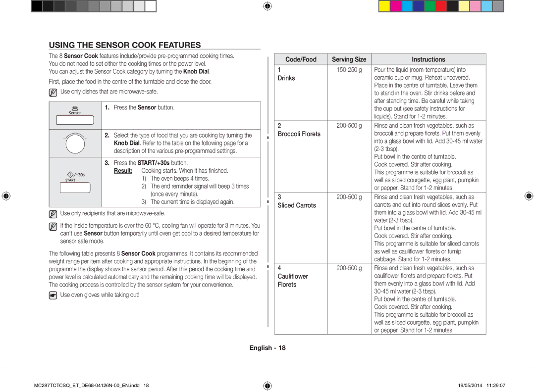 Samsung MC287TCTCSQ/ET manual Using the sensor cook features 