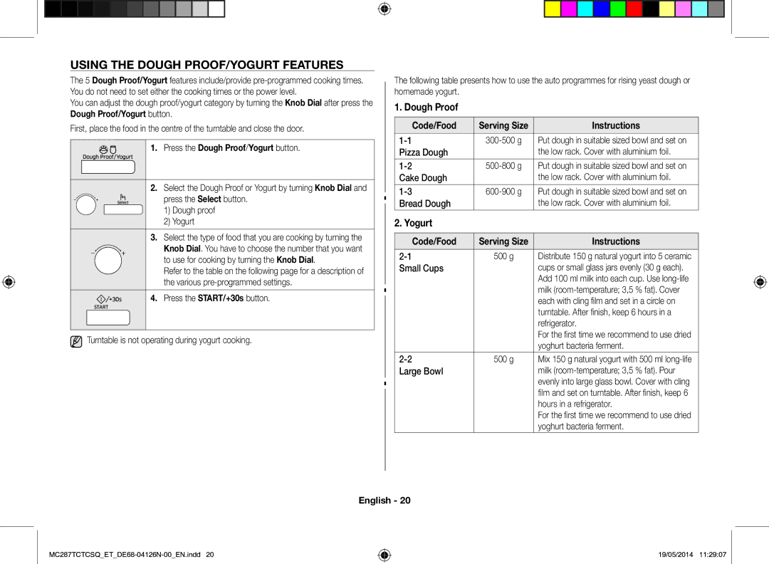 Samsung MC287TCTCSQ/ET manual Using the dough proof/yogurt features, Press the Dough Proof/Yogurt button 