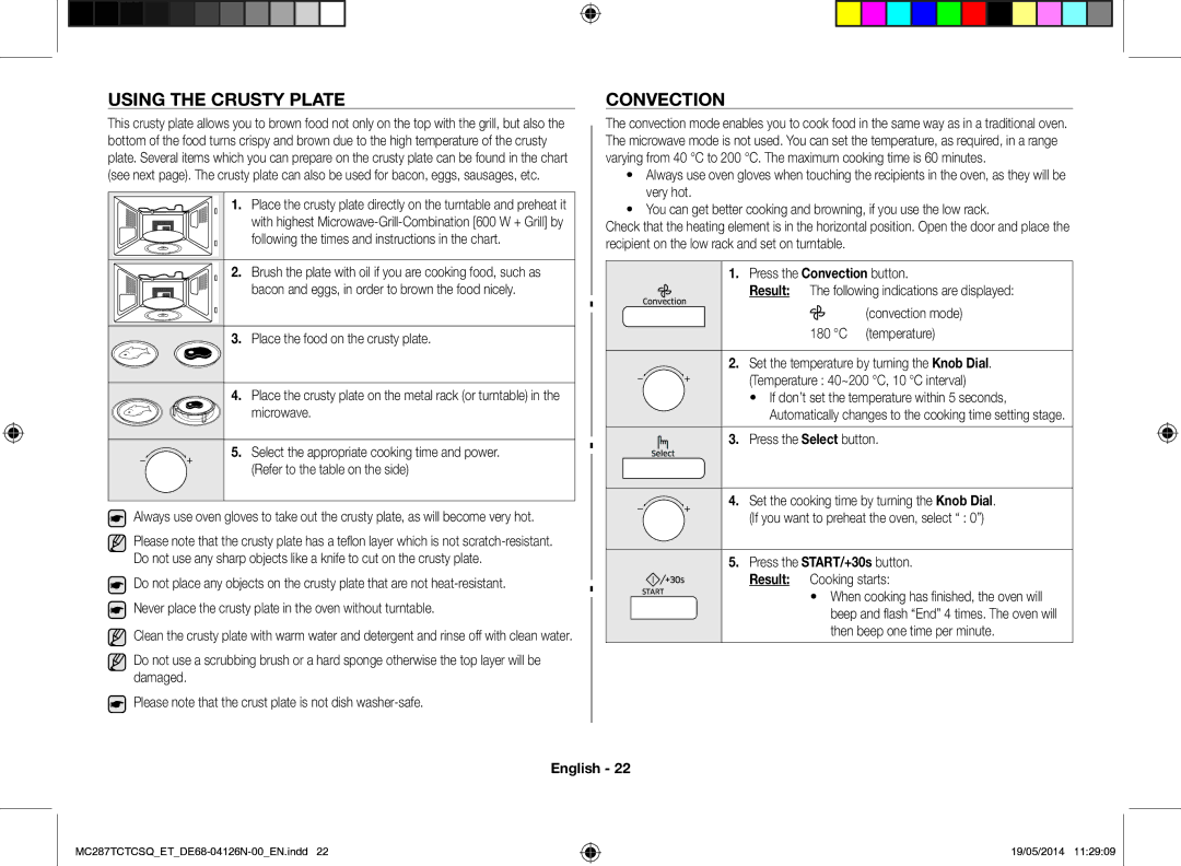 Samsung MC287TCTCSQ/ET manual Using the crusty plate, Convection, Press the START/+30s button Result Cooking starts 