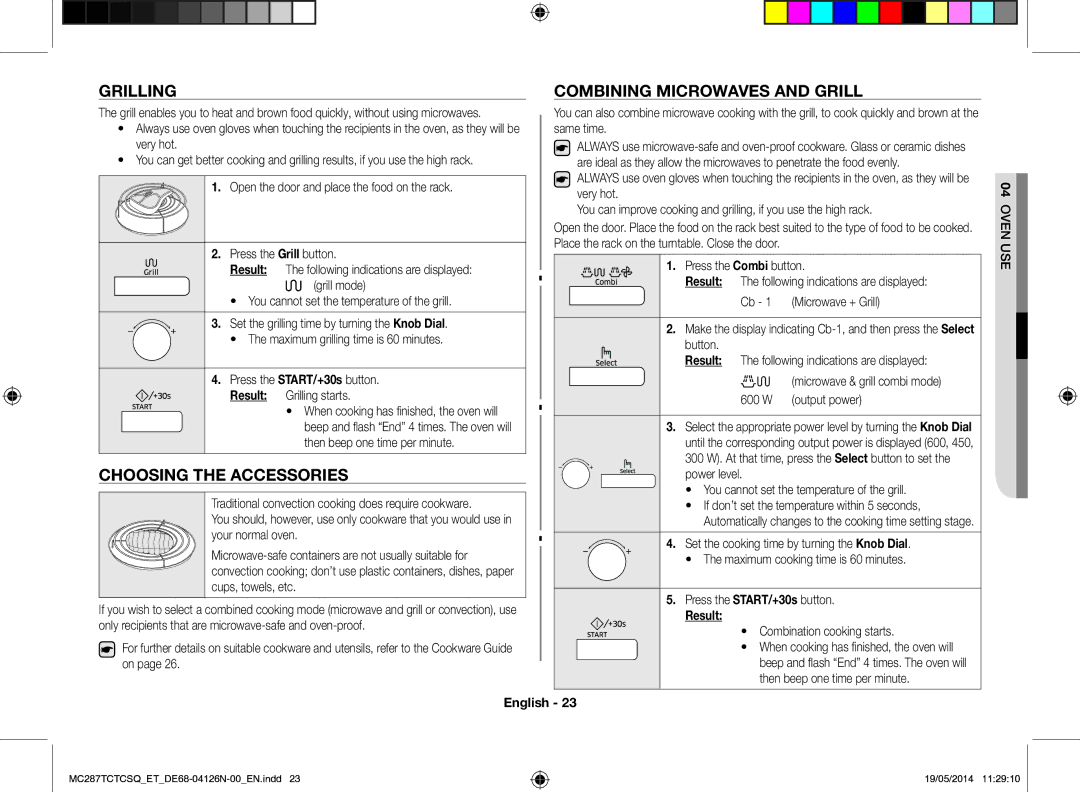 Samsung MC287TCTCSQ/ET manual Grilling, Choosing the accessories, Combination cooking starts 
