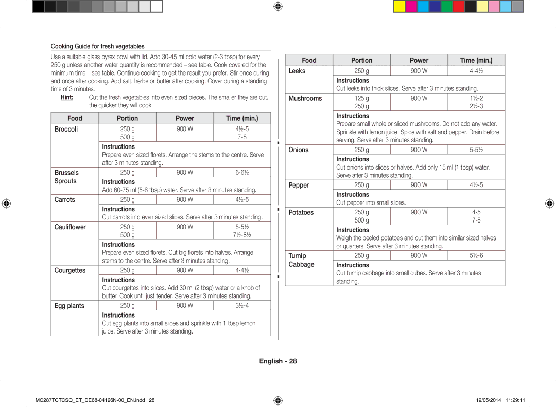 Samsung MC287TCTCSQ/ET Cooking Guide for fresh vegetables, Broccoli 250 g, 500 g, Brussels 250 g, Sprouts, Carrots 250 g 