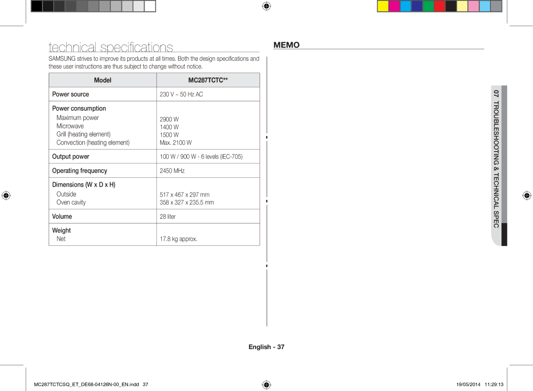 Samsung MC287TCTCSQ/ET manual Technical specifications, Model, 07Troubleshoo ting & Technical spec 