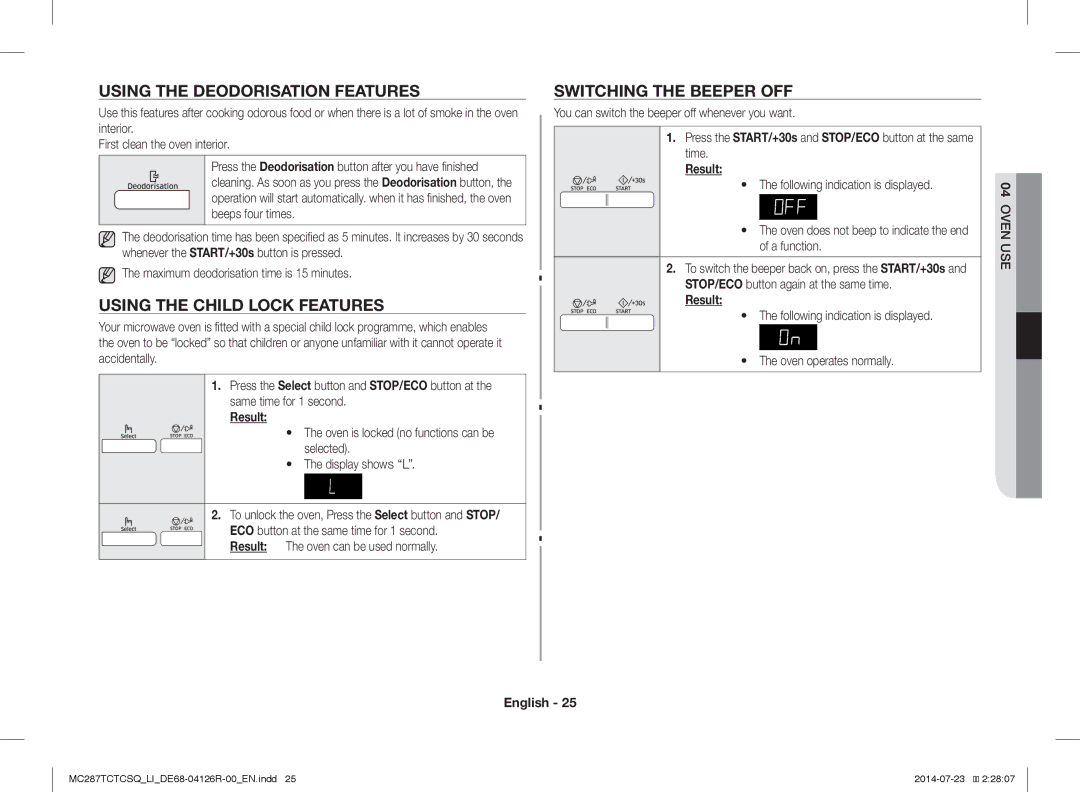 Samsung MC287TCTCSQ/LI manual Using the Deodorisation Features, Using the Child Lock Features, Switching the Beeper OFF 