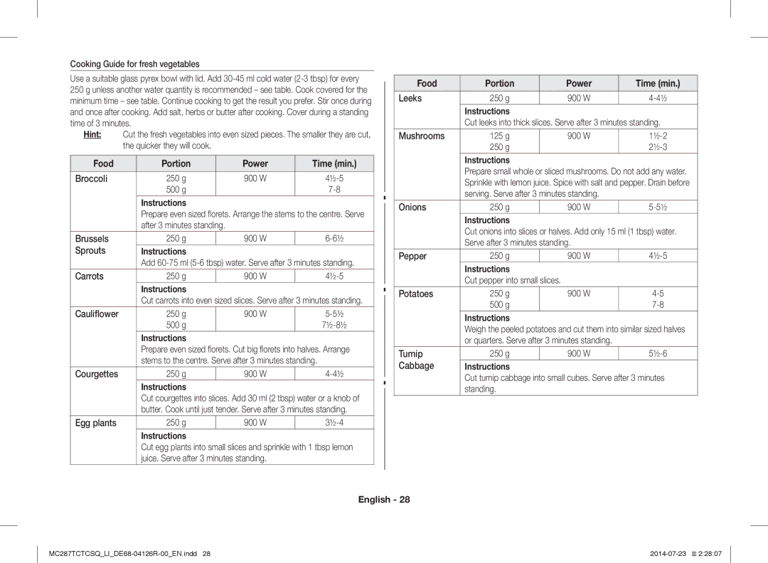 Samsung MC287TCTCSQ/LI Cooking Guide for fresh vegetables, Broccoli 250 g, 500 g, Brussels 250 g, Sprouts, Carrots 250 g 