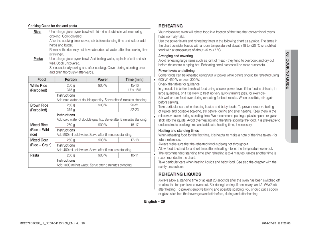 Samsung MC287TCTCSQ/LI manual Reheating Liquids 