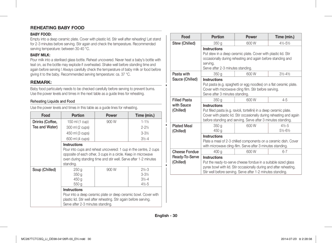 Samsung MC287TCTCSQ/LI manual Reheating Baby Food, Remark, Food Portion 