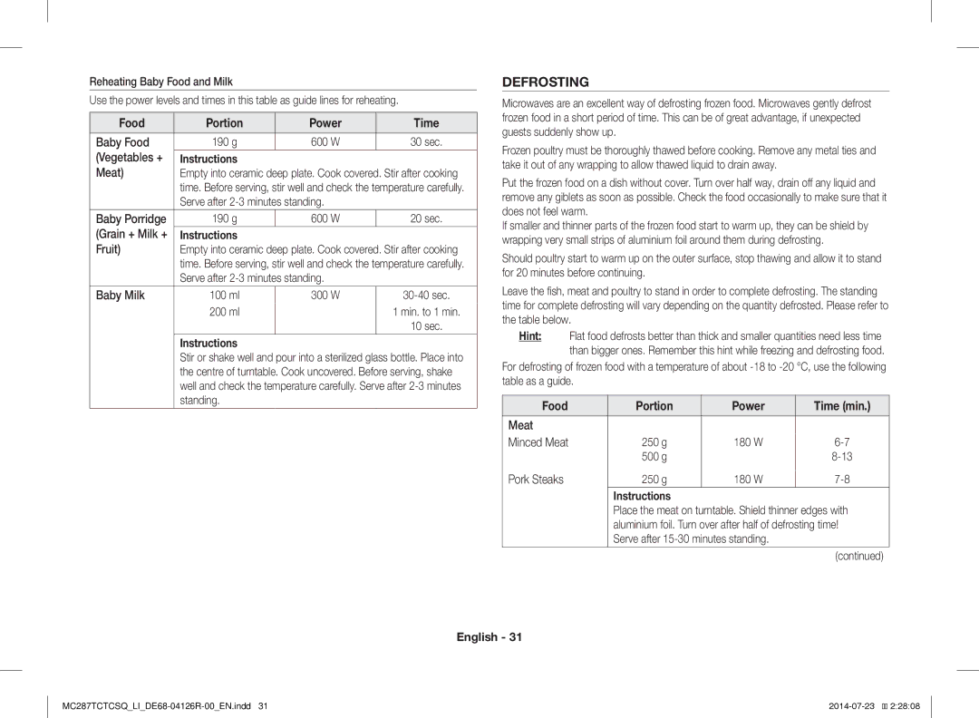 Samsung MC287TCTCSQ/LI manual Defrosting, Food Portion Power Time 