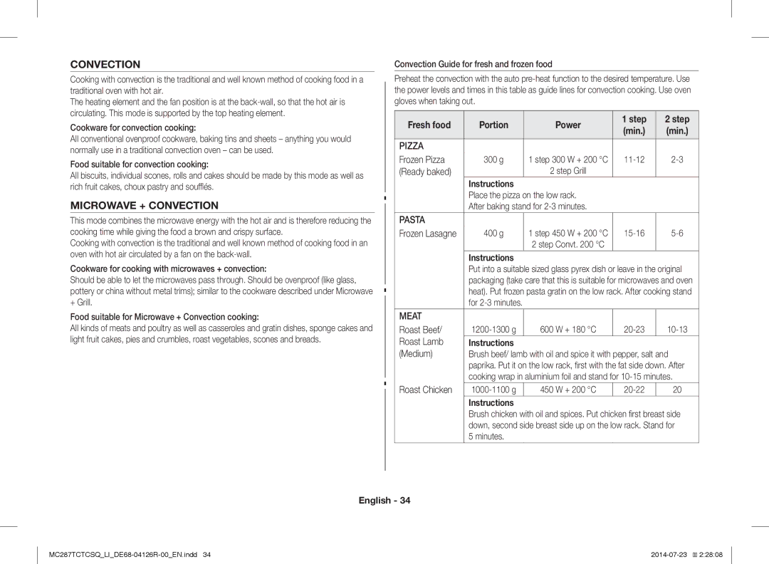 Samsung MC287TCTCSQ/LI manual Microwave + Convection, Fresh food Portion Power Step 