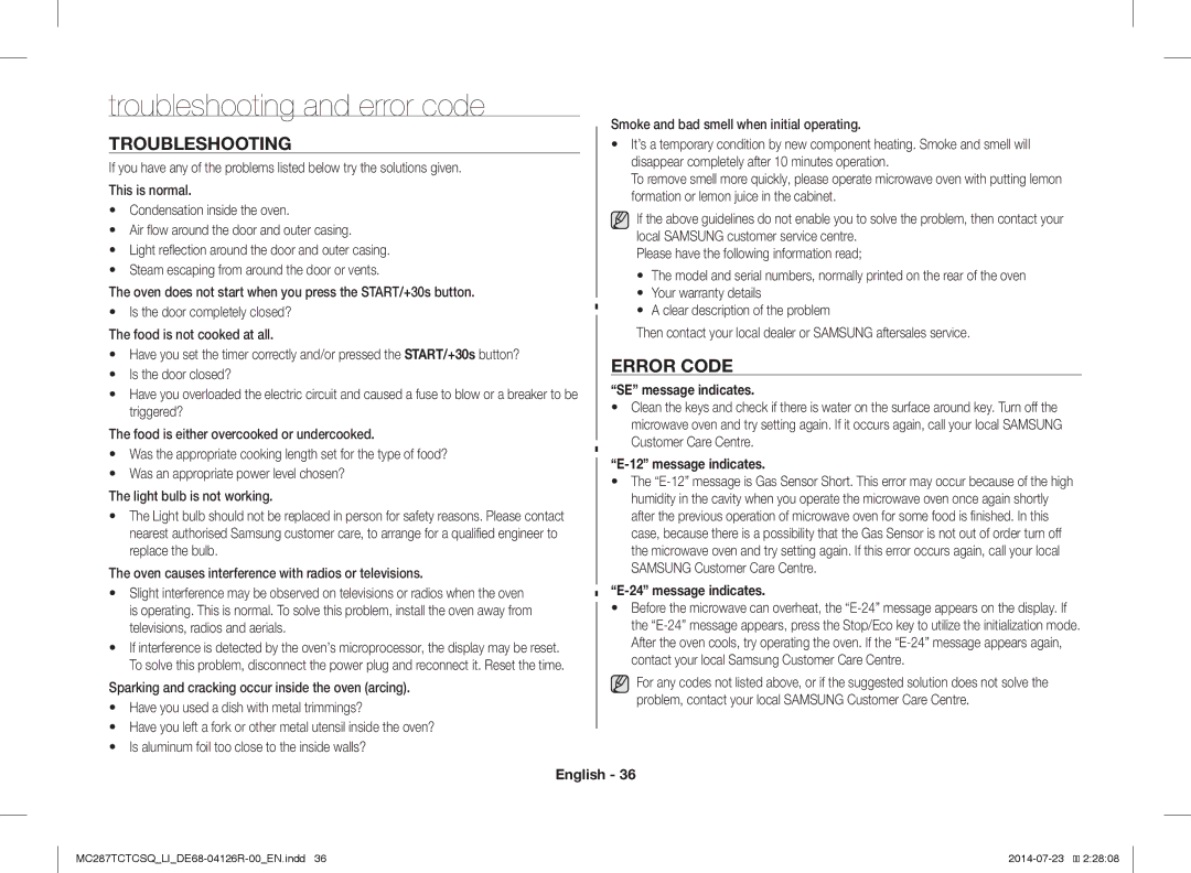 Samsung MC287TCTCSQ/LI manual Troubleshooting and error code, Error Code, SE message indicates, Message indicates 