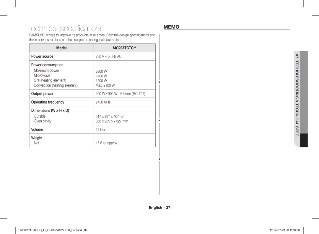 Samsung MC287TCTCSQ/LI manual Technical specifications, Memo, Model, 100 W / 900 W 6 levels IEC-705 