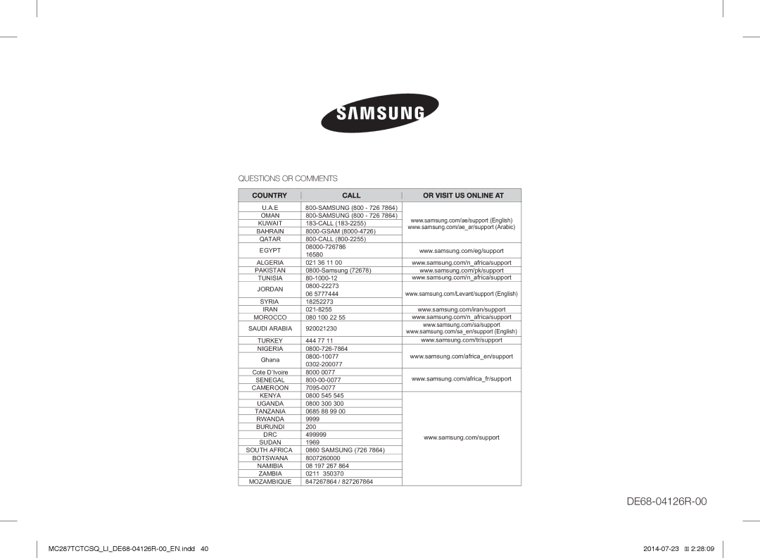 Samsung MC287TCTCSQ/LI manual DE68-04126R-00 