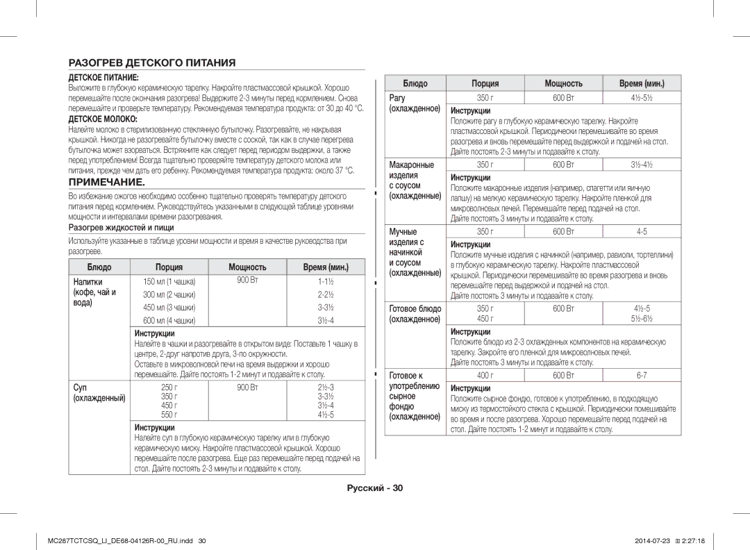 Samsung MC287TCTCSQ/LI manual Разогрев Детского Питания, Примечание 