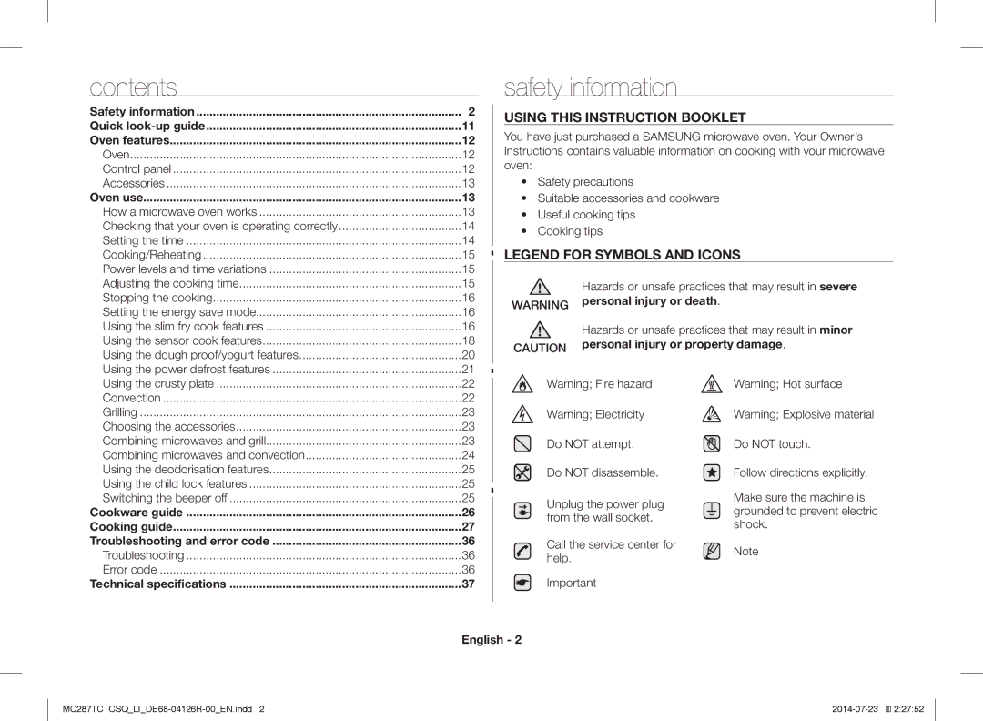 Samsung MC287TCTCSQ/LI manual Safety information, Contents 