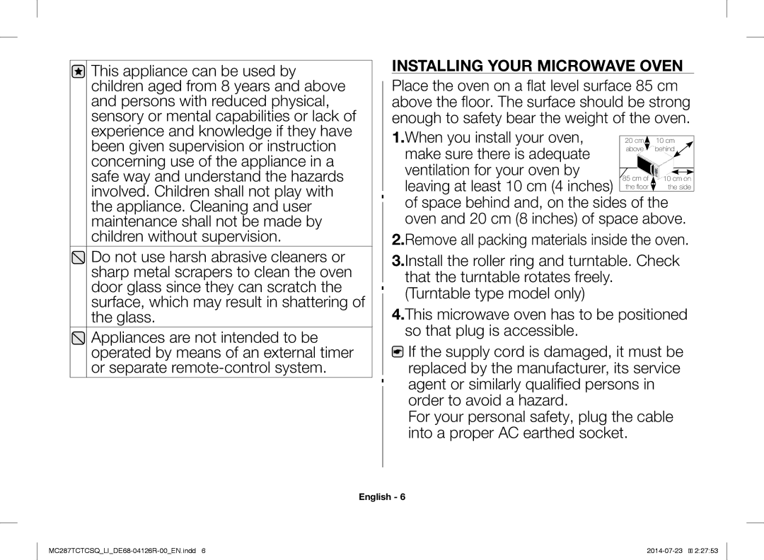 Samsung MC287TCTCSQ/LI manual Installing Your Microwave Oven 