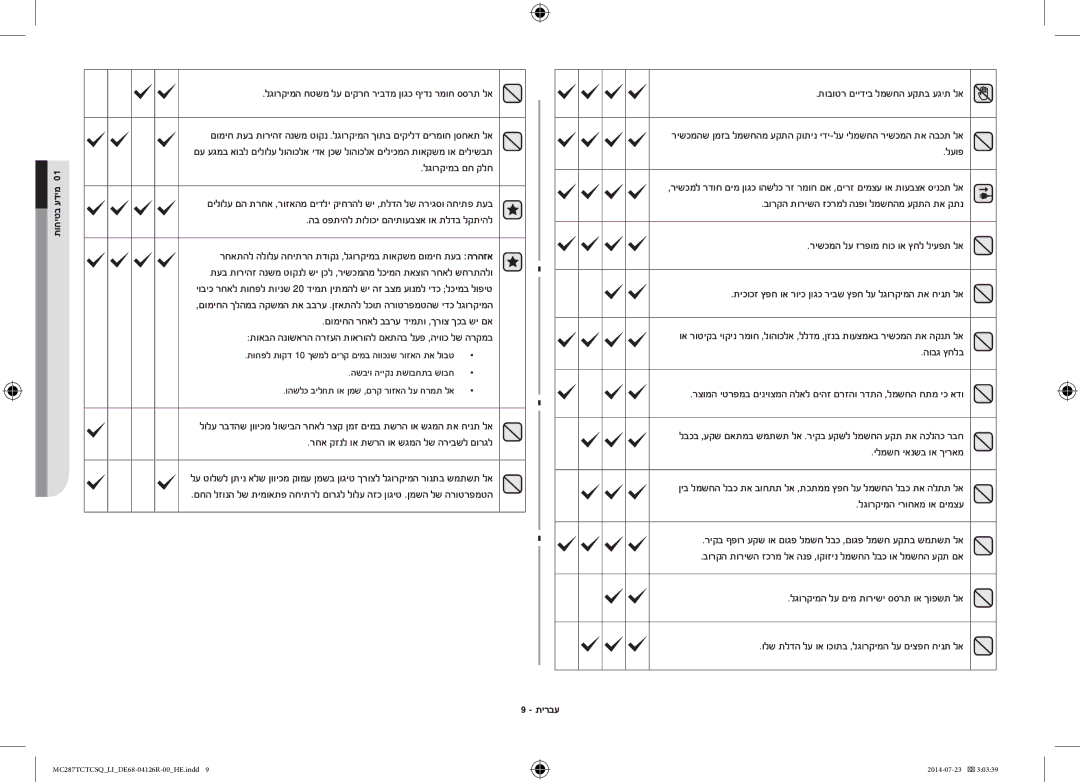 Samsung MC287TCTCSQ/LI manual לגורקימה חטשמ לע םיקרח ריבדמ ןוגכ ףידנ רמוח ססרת לא, תובוטר םיידיב למשחה עקתב עגית לא, לעופ 