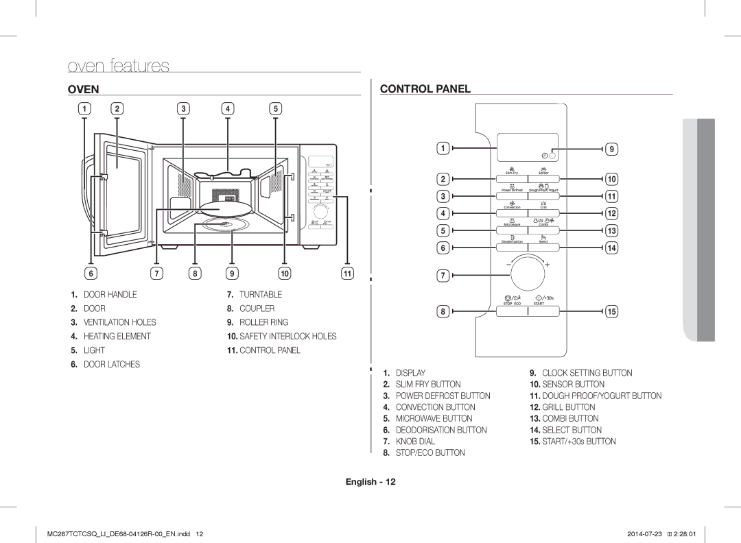 Samsung MC287TCTCSQ/LI manual Oven features, Control Panel, START/+30s Button 