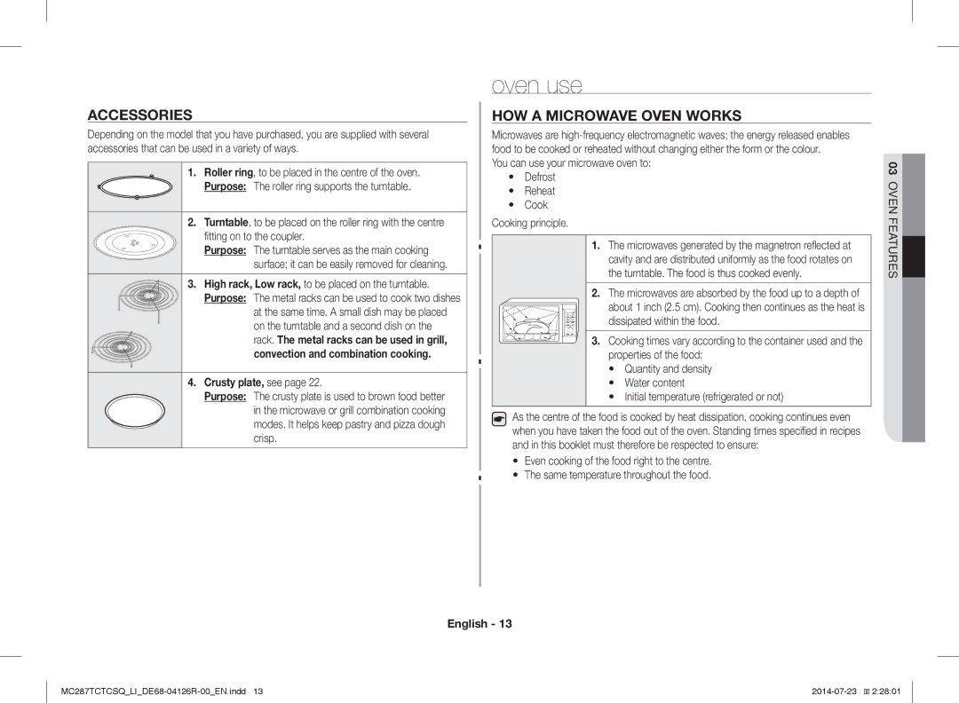 Samsung MC287TCTCSQ/LI manual Oven use, Accessories, HOW a Microwave Oven Works, Crusty plate, see 