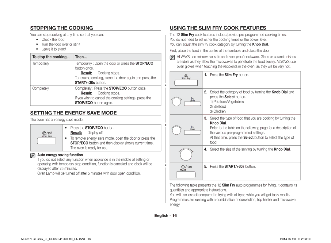 Samsung MC287TCTCSQ/LI manual Stopping the Cooking Using the Slim FRY Cook Features, Setting the Energy Save Mode 