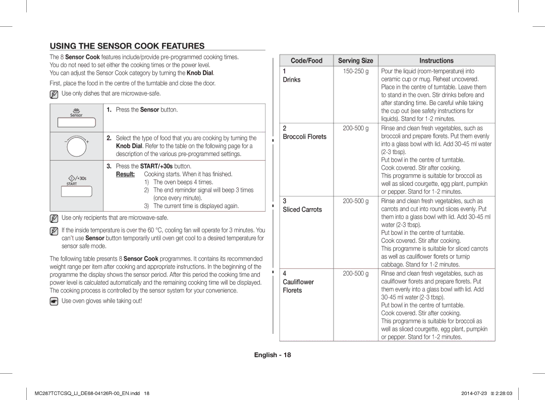 Samsung MC287TCTCSQ/LI manual Using the Sensor Cook Features 