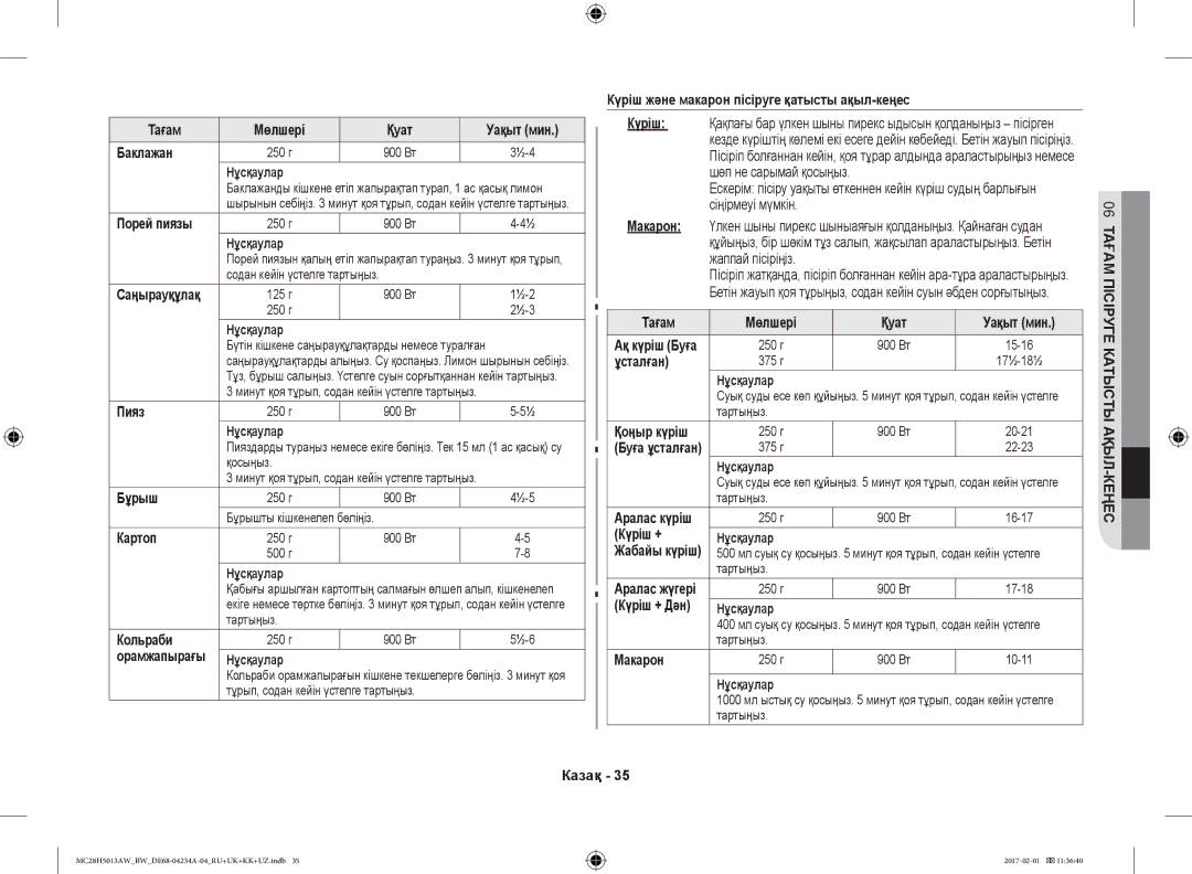Samsung MC28H5013AK/BW manual Тағам Мөлшері Қуат Уақыт мин Баклажан, Порей пиязы, Пияз, Бұрыш, Картоп, Кольраби, Ұсталған 