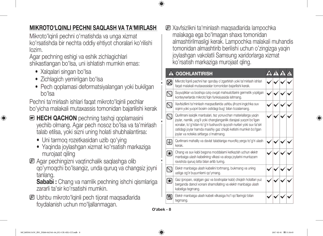 Samsung MC28H5013AW/BW Lozim, Agar pechning eshigi va eshik zichlagichlari, Ko’rsatish markaziga murojaat qling, Bolsa 