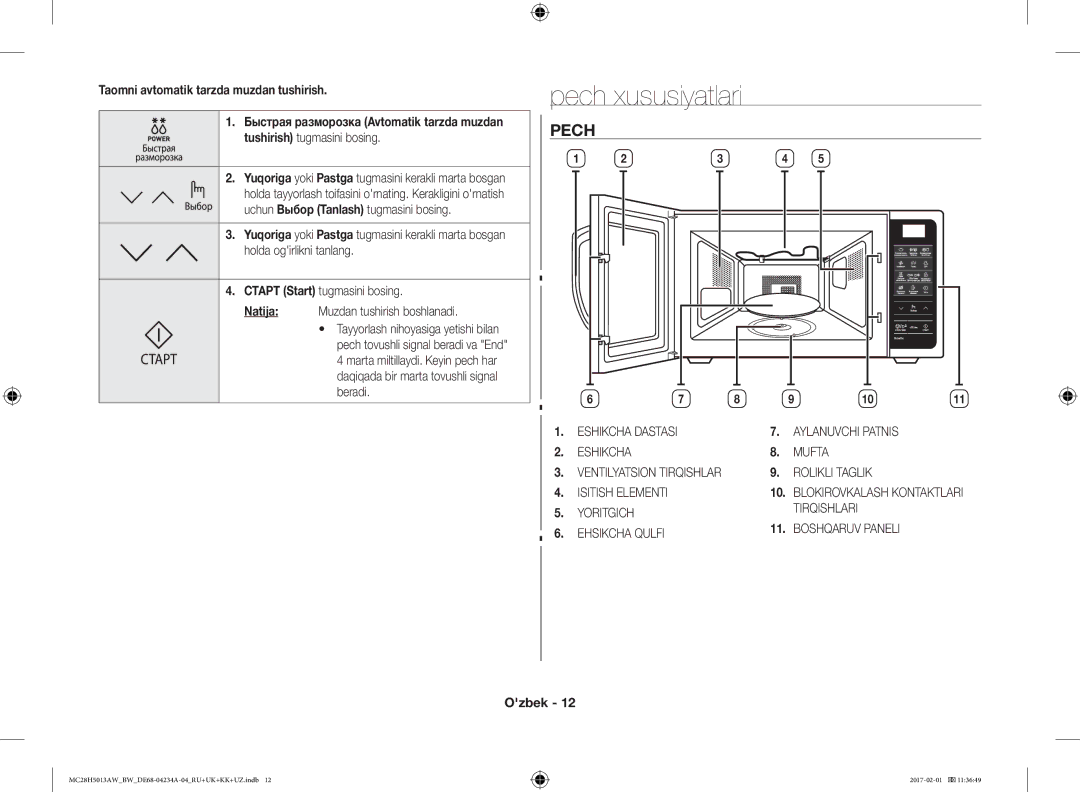 Samsung MC28H5013AW/BW, MC28H5013AK/BW manual Pech xususiyatlari 