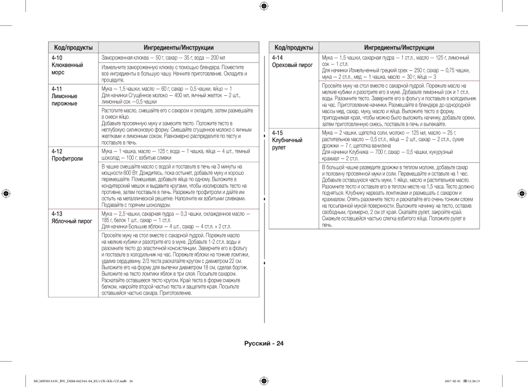 Samsung MC28H5013AW/BW, MC28H5013AK/BW manual Клюквенный, Морс, Лимонные, Пирожные, Профитроли, Клубничный, Рулет 