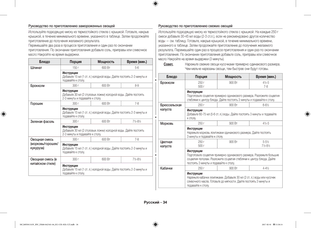 Samsung MC28H5013AW/BW, MC28H5013AK/BW manual Блюдо Порция Мощность Время мин 