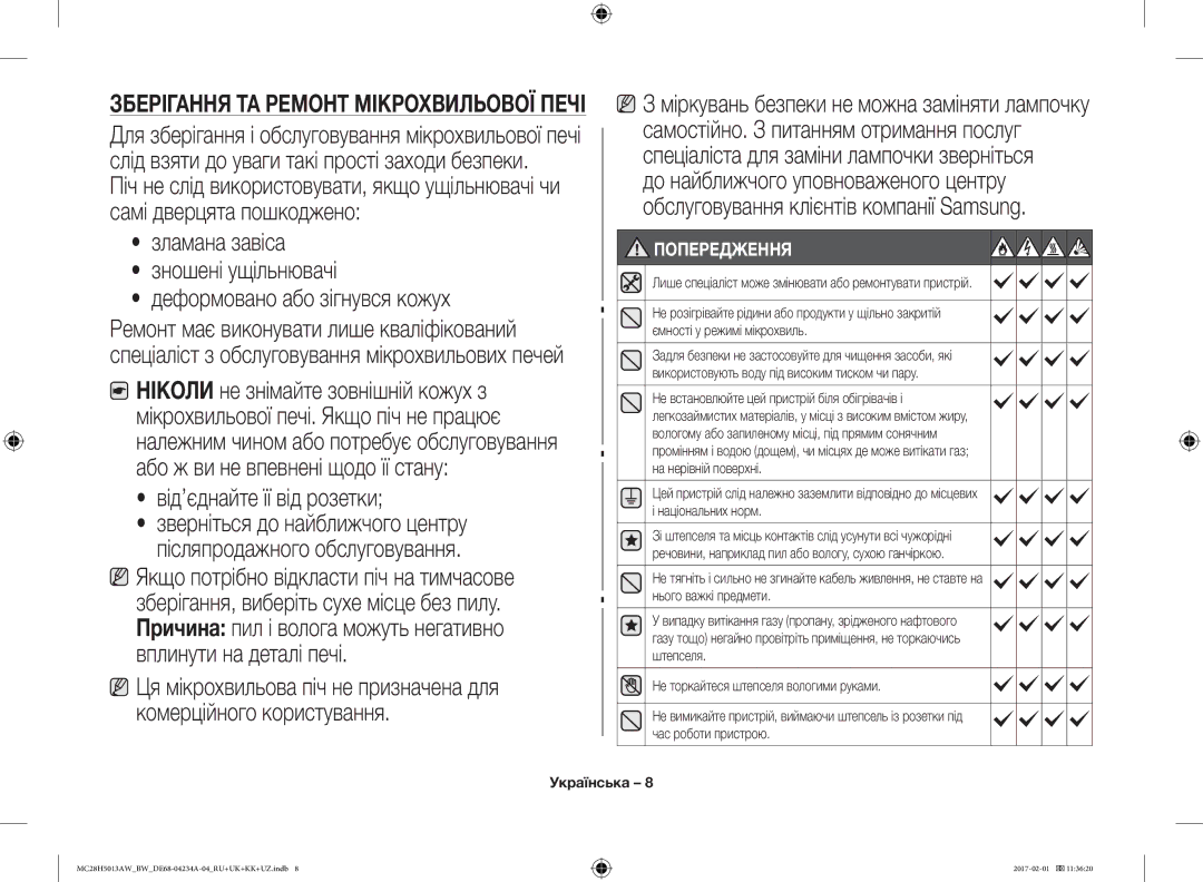 Samsung MC28H5013AW/BW, MC28H5013AK/BW Від’єднайте її від розетки, Лише спеціаліст може змінювати або ремонтувати пристрій 