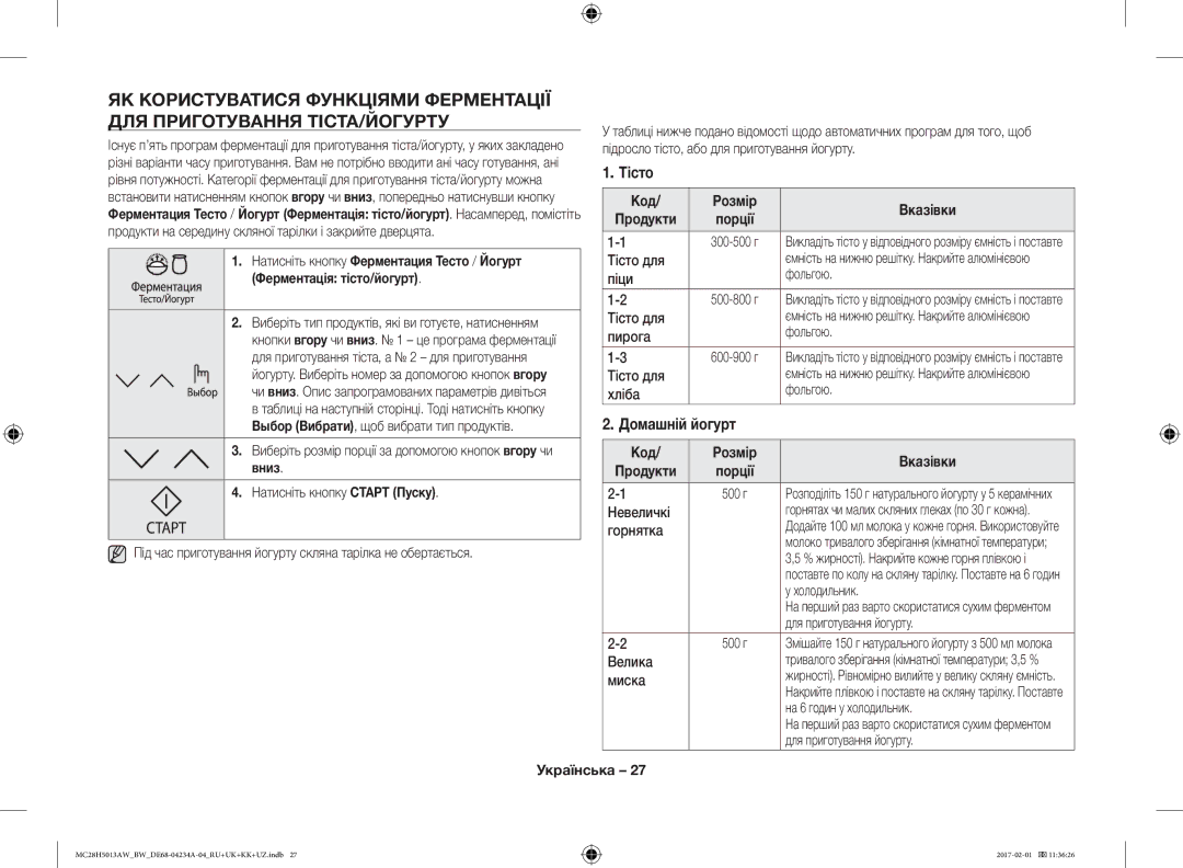 Samsung MC28H5013AK/BW, MC28H5013AW/BW manual Тісто, Домашній йогурт, Код Розмір Вказівки 