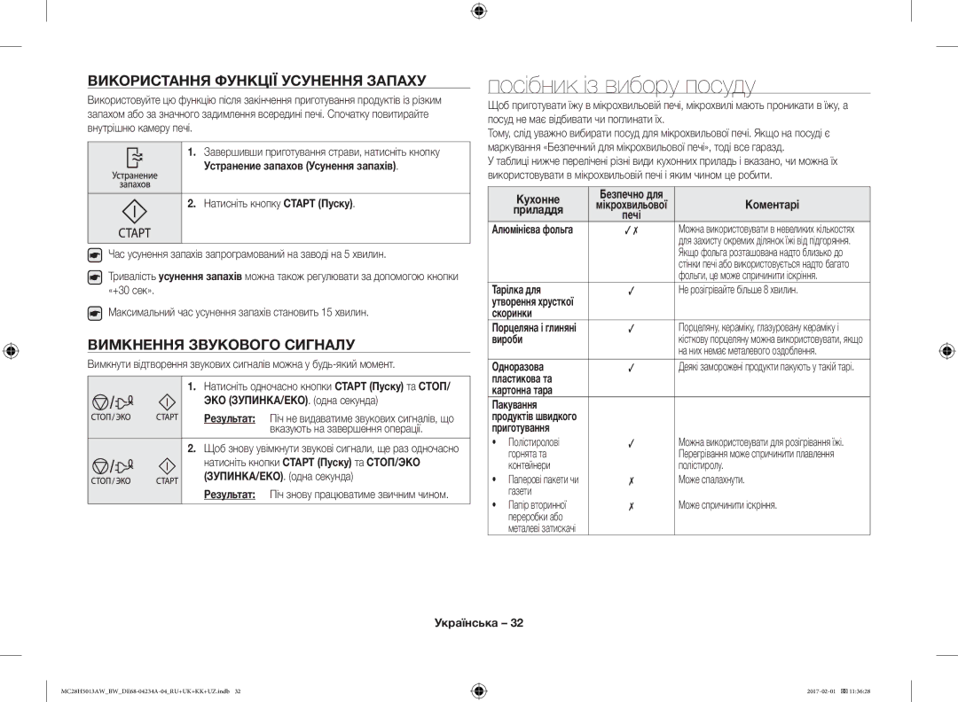 Samsung MC28H5013AW/BW manual Посібник із вибору посуду, Використання Функції Усунення Запаху, Вимкнення Звукового Сигналу 