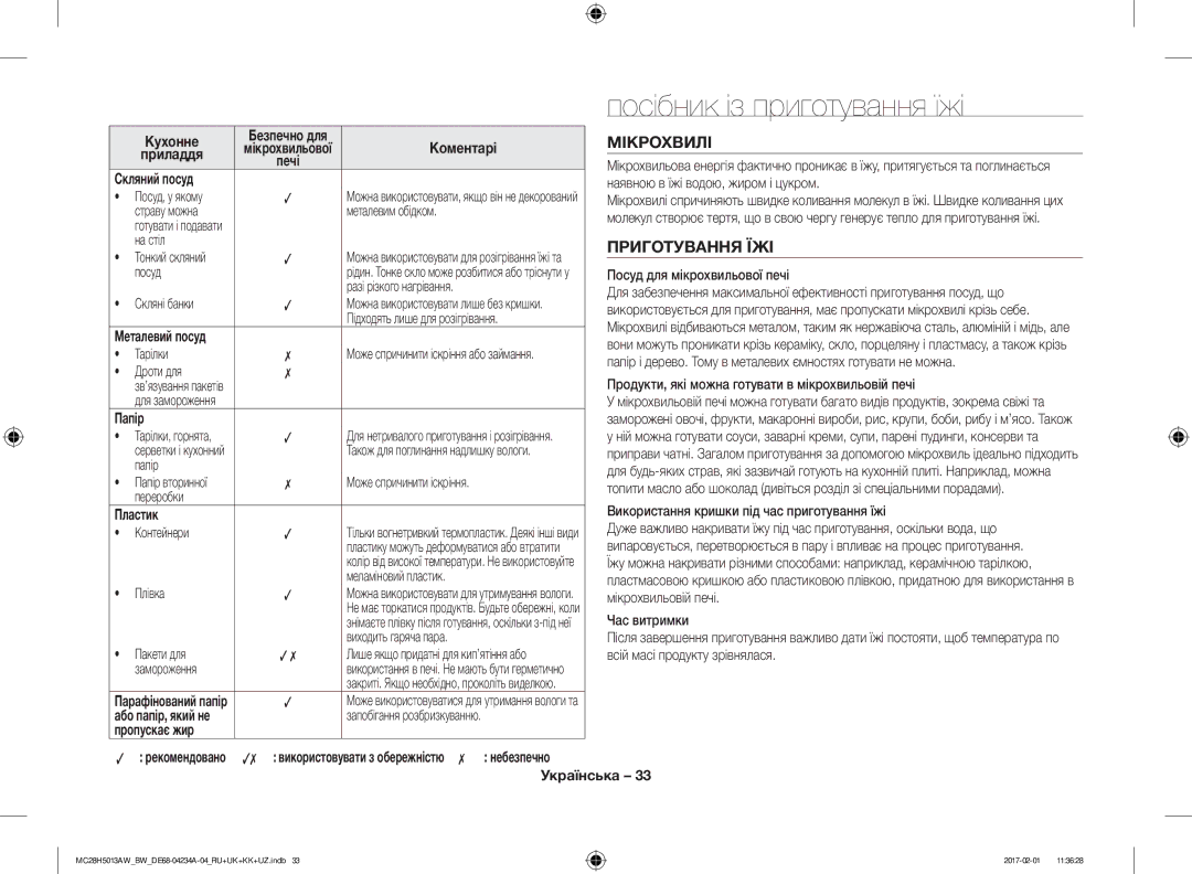 Samsung MC28H5013AK/BW, MC28H5013AW/BW manual Посібник із приготування їжі, Мікрохвилі, Приготування ЇЖІ 