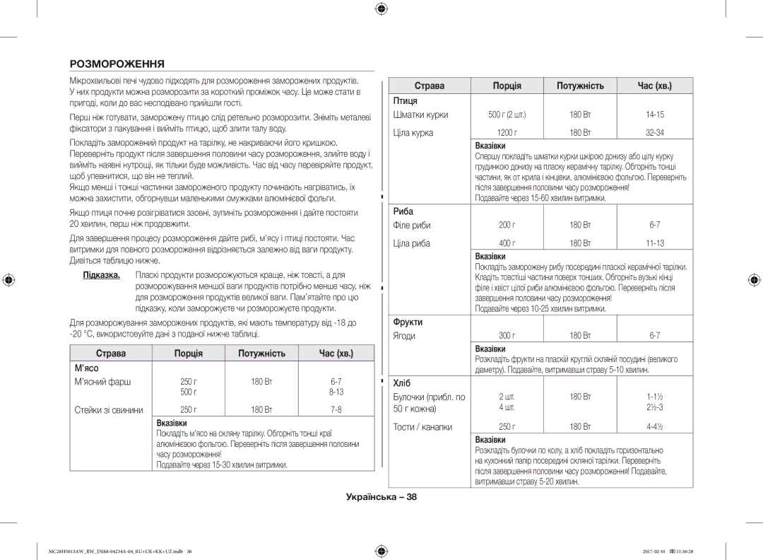 Samsung MC28H5013AW/BW, MC28H5013AK/BW manual Розмороження 