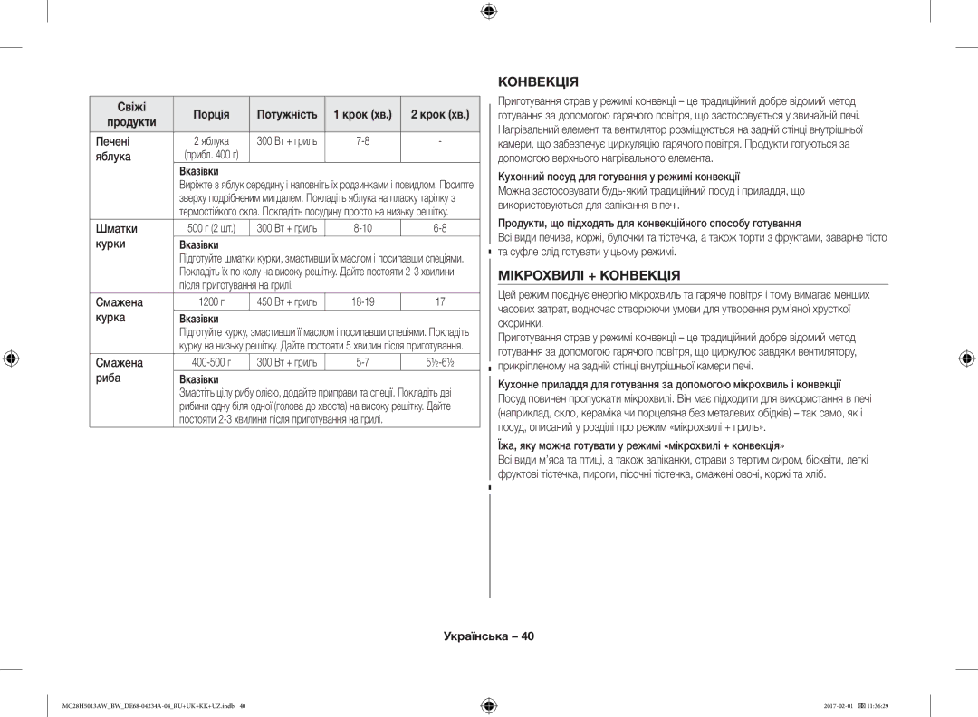 Samsung MC28H5013AW/BW, MC28H5013AK/BW manual Мікрохвилі + Конвекція, Свіжі Порція 