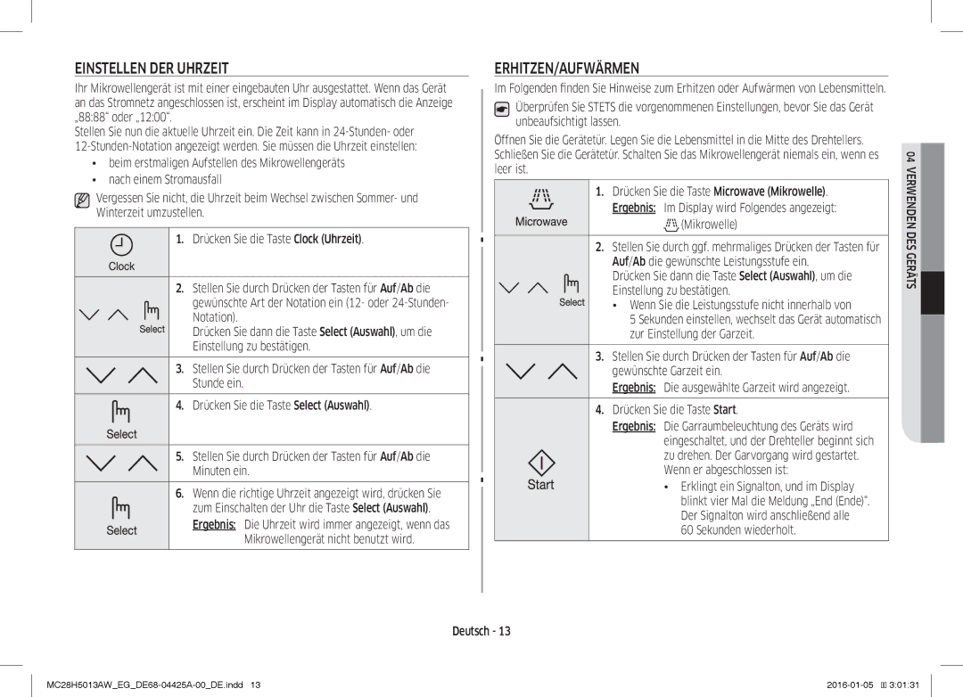 Samsung MC28H5013AW/EG manual Einstellen DER Uhrzeit, Erhitzen/Aufwärmen 